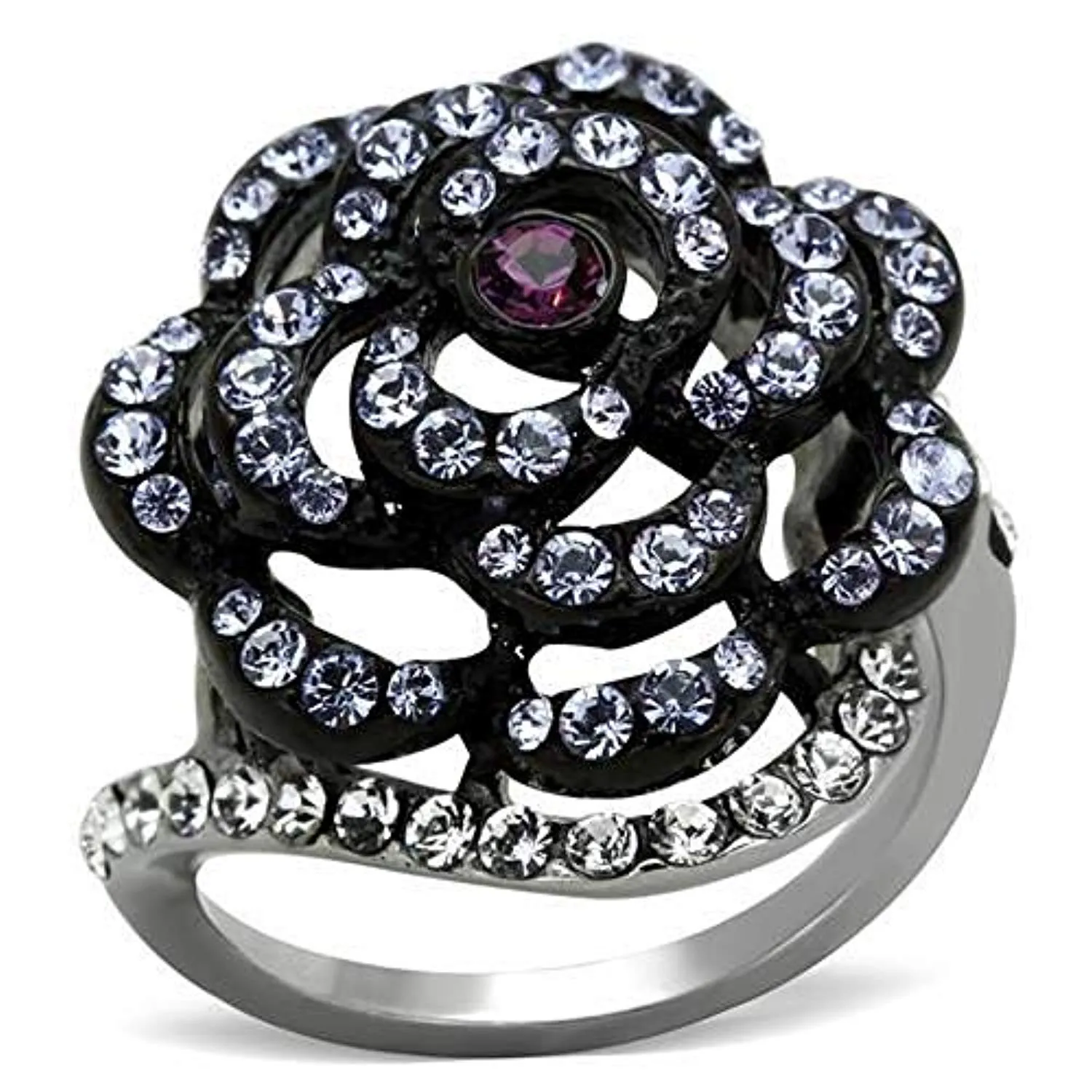 WildKlass Stainless Steel Flower Ring Two-Tone IP Black Women Top Grade Crystal Amethyst