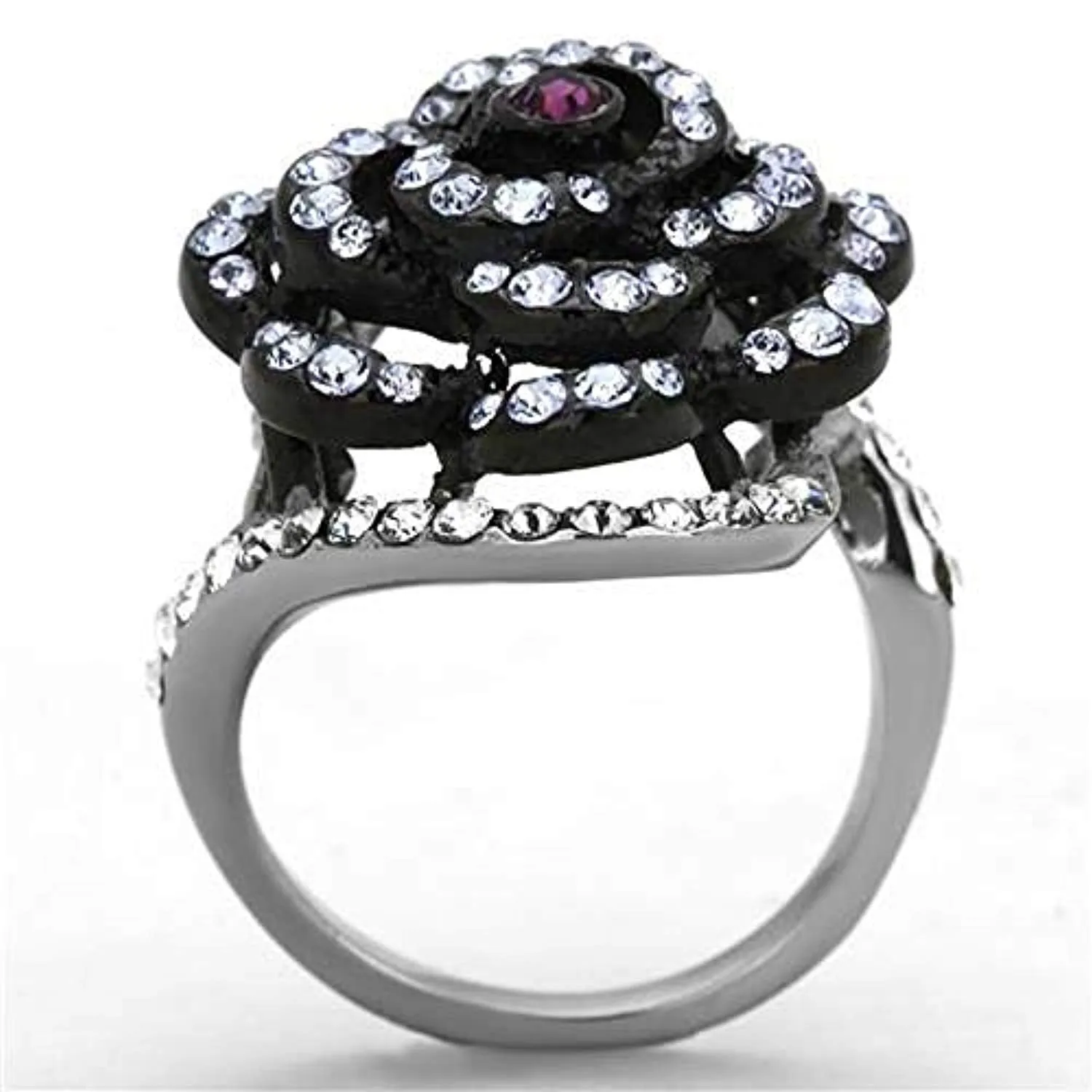 WildKlass Stainless Steel Flower Ring Two-Tone IP Black Women Top Grade Crystal Amethyst