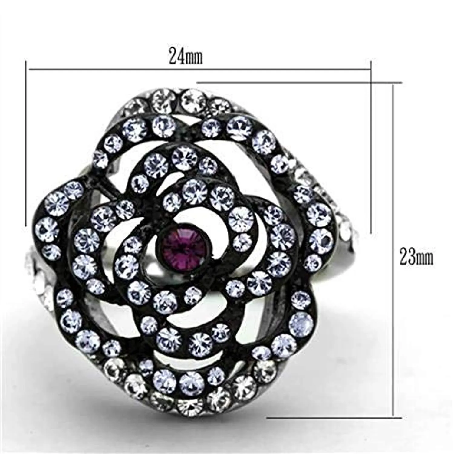 WildKlass Stainless Steel Flower Ring Two-Tone IP Black Women Top Grade Crystal Amethyst