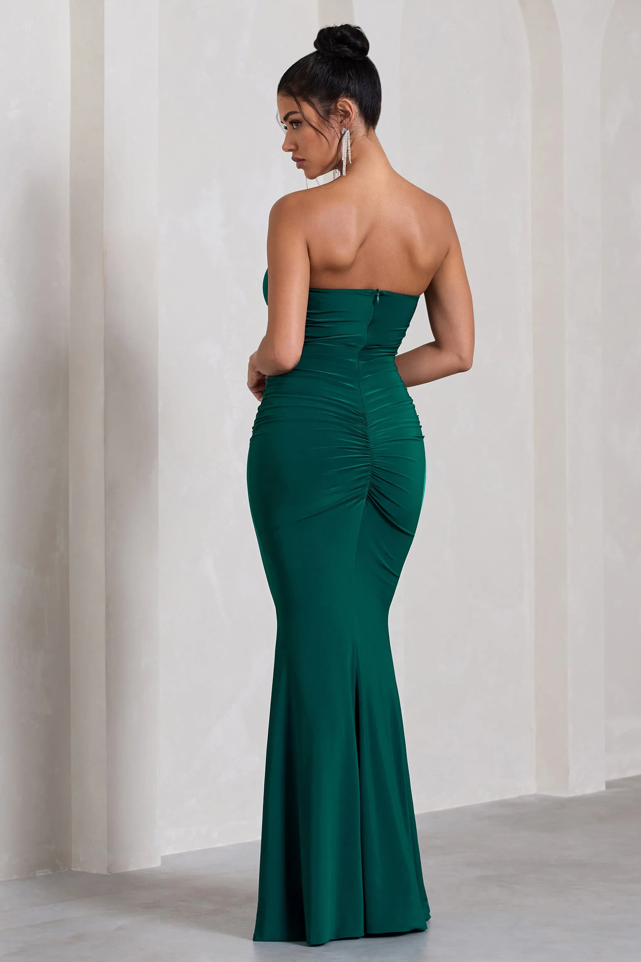 Wren | Bottle Green Ruched Bandeau Maxi Dress