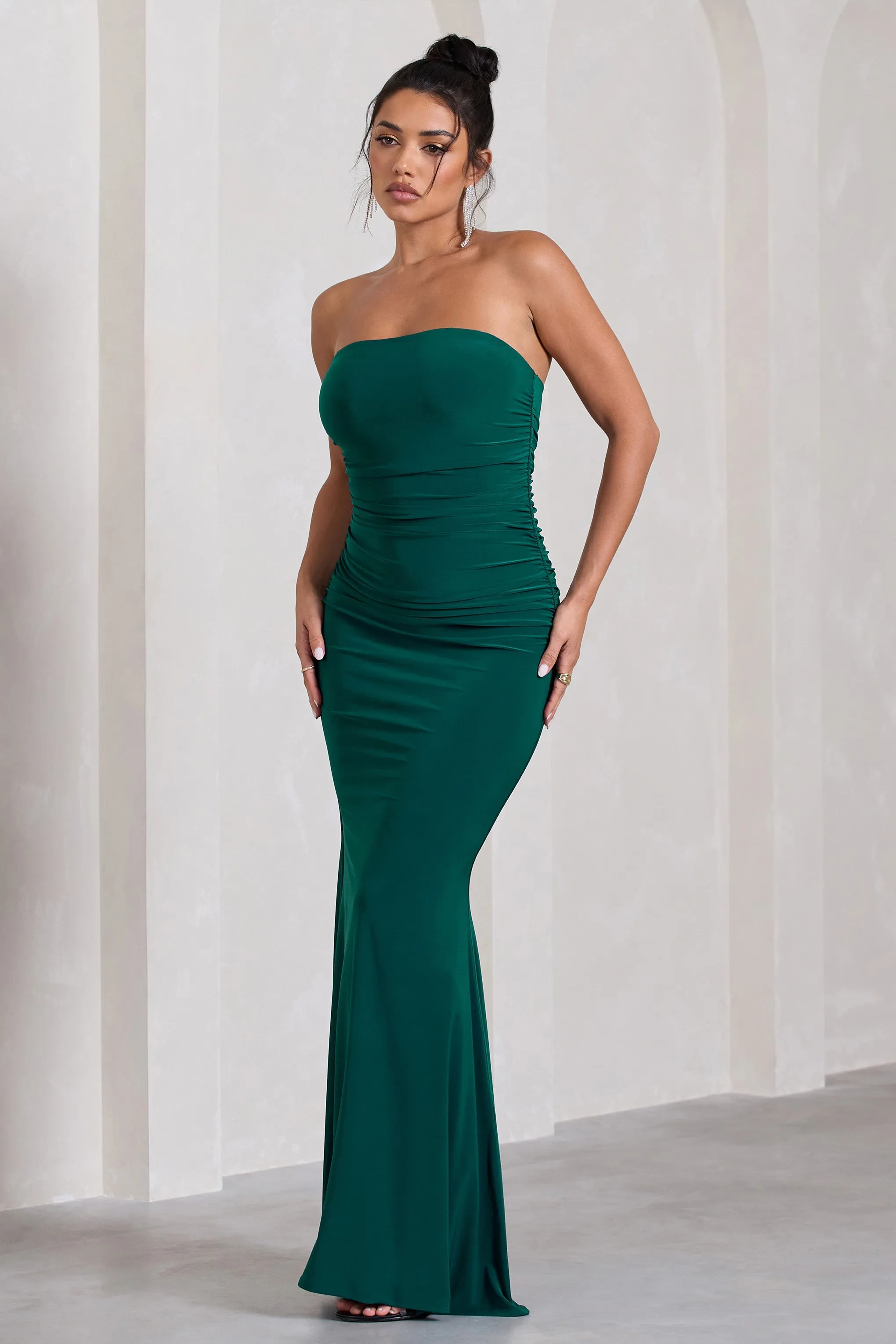 Wren | Bottle Green Ruched Bandeau Maxi Dress