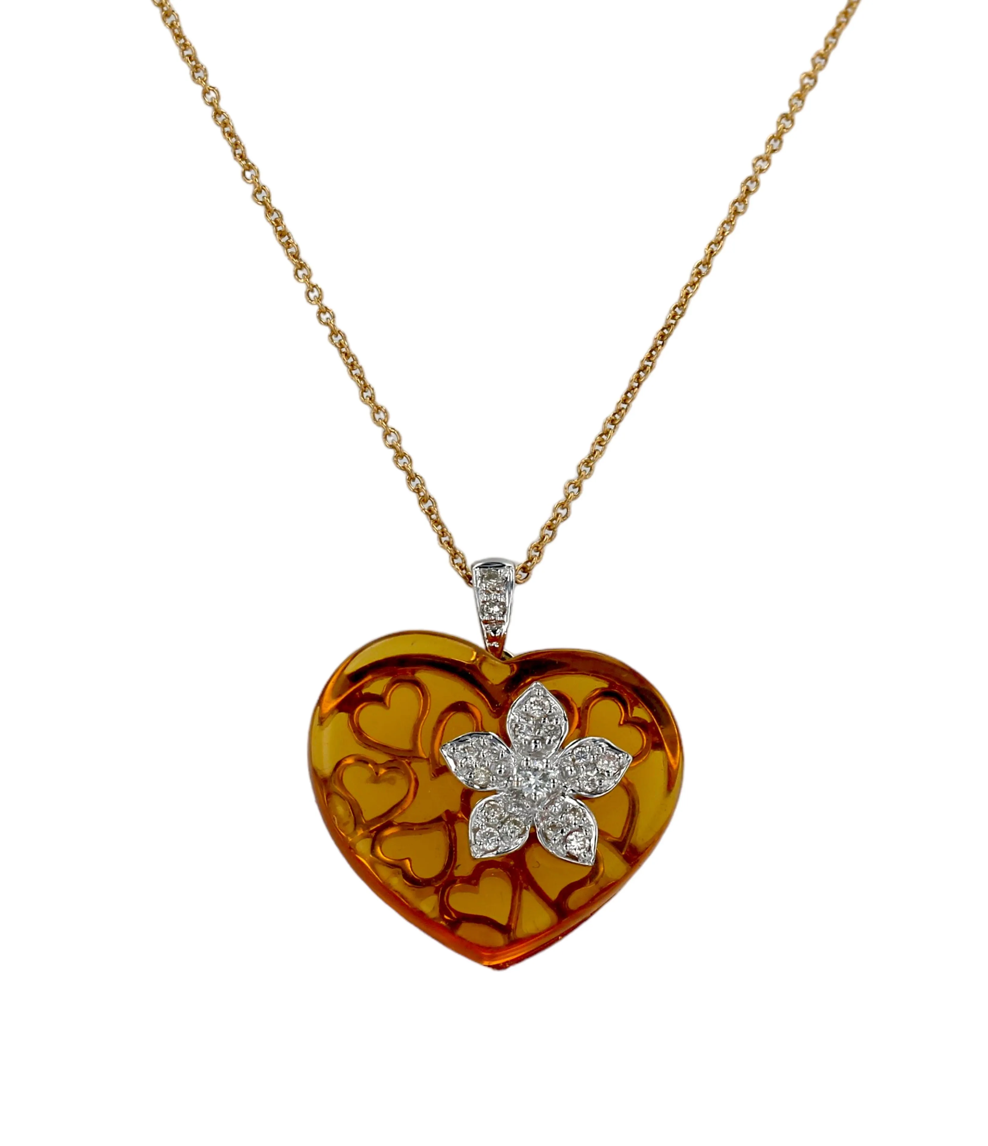 Yellow 14k gold heart citrine flower diamond necklace